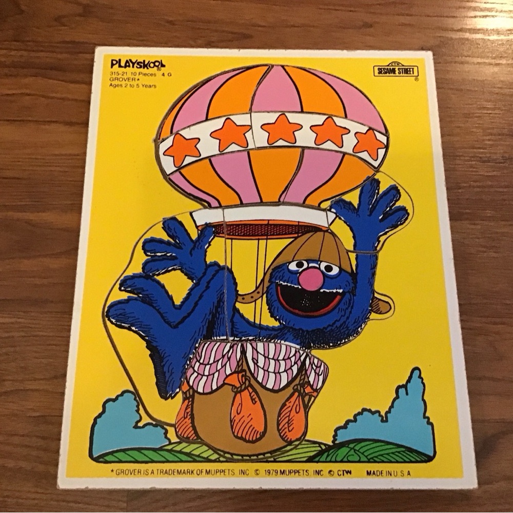 Vintage 1979 Playskool Sesame Street Grover Hot Air Balloon Wood Tray Puzzle